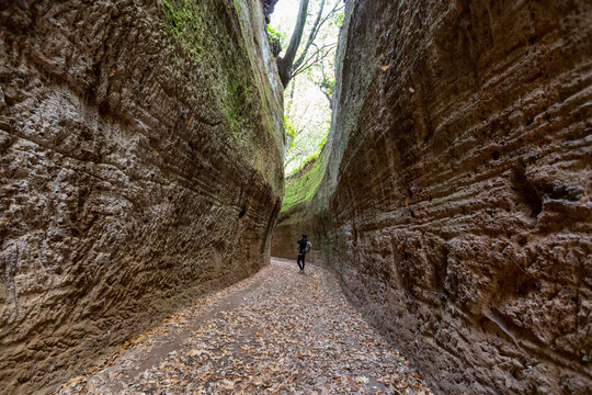 Via Cava Poggio Prisco the Etruscan Vie Cave (roads dug into the tuff). Citt&agrave; del Tufo archaeological park. Sorano, Sovana, Tuff city in Tuscany. Italy