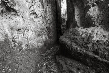 black and white image of Via Cava San Sebastiano, the Etruscan Vie Cave (roads dug into the tuff)....