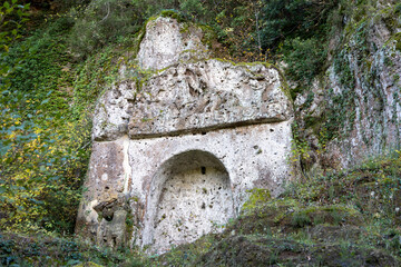 Sirena Tomb in The Etruscan Necropolis of Sovana. Città del Tufo archaeological park. Sorano, Sovana, Tuff city in Tuscany. Italy