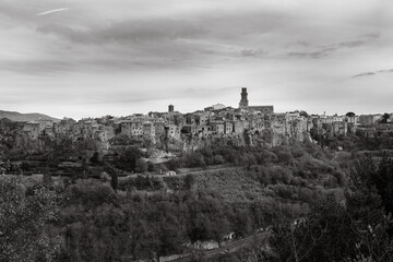 Pitigliano, Tuscany, Italy. black and white landscape of the picturesque medieval town founded in...