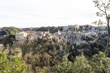 Sorano, Tuscany, Italy. Landscape of the picturesque medieval town founded in Etruscan time on the...