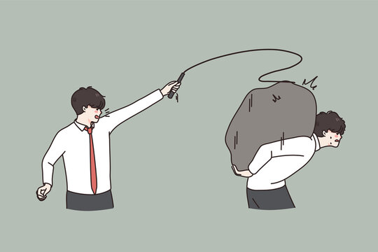 Boss or director tyrant hit male colleague with whip control work coordinates. Authoritarian aggressive businessman scold man employee carry stone. Power and superiority. Flat vector illustration. 
