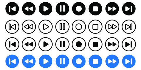 Play button set on transparent background. Play video icon collection. Video, audio, player signs isolated. Vector illustration.
