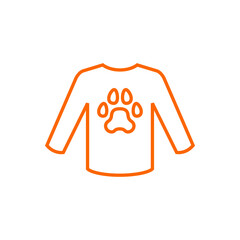 Pet friendly. Logotipo con silueta de zarpa de gato o perro en suéter de invierno con líneas en color naranja