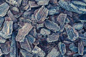 The texture of the pine bark. frosty mulch