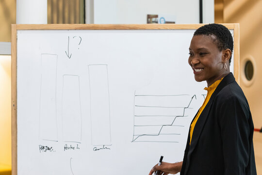 Smiling female professional discussing over graph on whiteboard at conference room in office