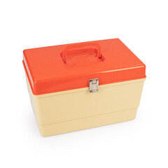 Vintage Plastic Sewing Box on white background