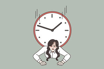 Stressed woman employee trapped under clock manage cope with deadline at work. Distressed businesswoman bad time management or organization. Overwork, workload concept. Vector illustration. 