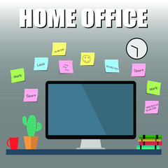 Desktop, flat design, office interior, home office. Working online from home. work it home 
