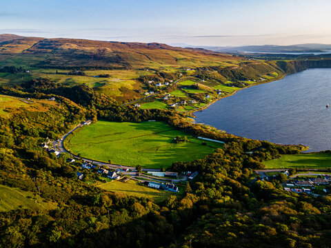 UK, Scotland, Aerial view of village on shore of Uig Bay