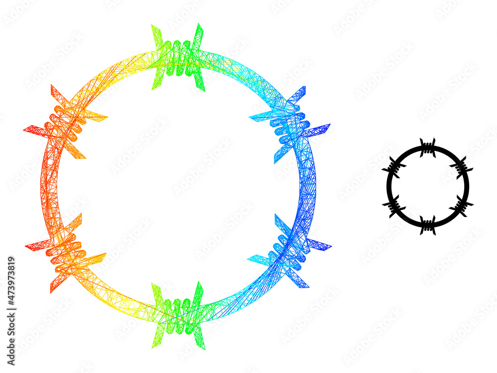Poster net mesh barbed wire circle frame icon with spectrum gradient. bright carcass net barbed wire circle
