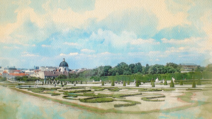 Watercolor pattern of Vienna Austria colorful illustration card cityscape view