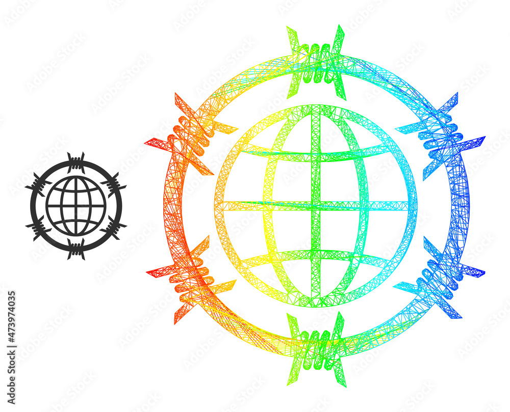 Poster mesh net barbed wire globe frame icon with spectrum gradient. bright frame net barbed wire globe ico