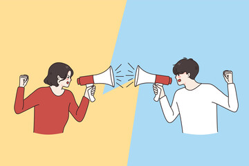 Man and woman hold loudspeakers scream at each other engaged in family fight. Stubborn angry husband and wife yell shout in megaphones, argue quarrel at home. Spouse argument. Vector illustration.  - obrazy, fototapety, plakaty
