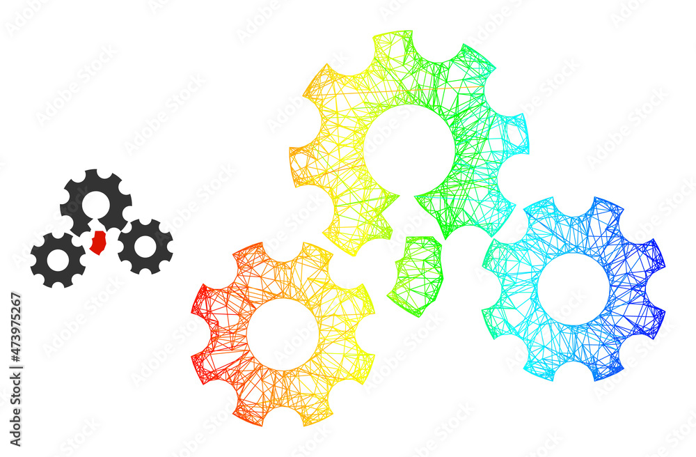 Poster mesh net broken gear mechanism carcass icon with rainbow gradient. colored carcass network broken ge