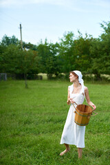 Woman in white dress countryside village nature ecology