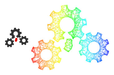 Mesh net broken gear mechanism carcass icon with rainbow gradient. Colored carcass network broken gear mechanism icon. Flat carcass created from broken gear mechanism icon and intersected lines.