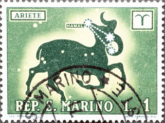 San Marino - circa 1970: A post stamp printed in San Marino showing the zodiac sign Capricorn - The...
