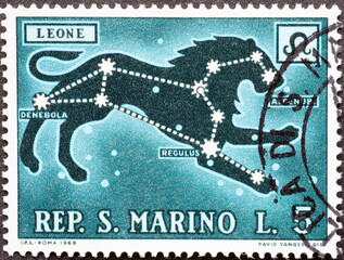 San Marino - circa 1970: A post stamp printed in San Marino showing the zodiac sign Leo - The Lion