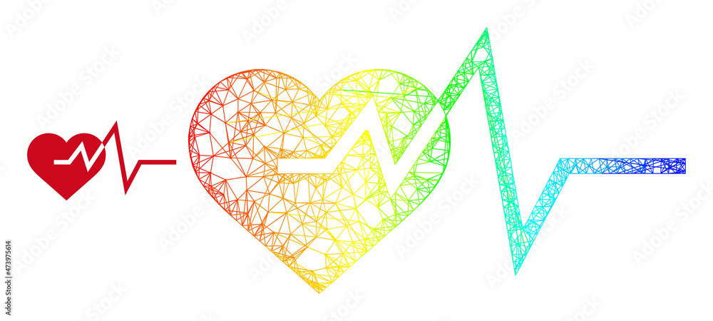 Poster crossing mesh cardiology framework icon with spectrum gradient. colored carcass mesh cardiology icon
