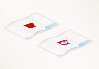 Two versions of a folded map of Arkansas with the flag of the country of Arkansas and with the red color highlighted.