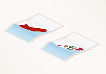 Two versions of a folded map of California with the flag of the country of California and with the red color highlighted.
