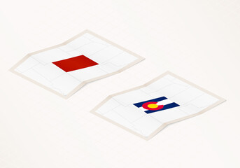 Two versions of a folded map of Colorado with the flag of the country of Colorado and with the red color highlighted.