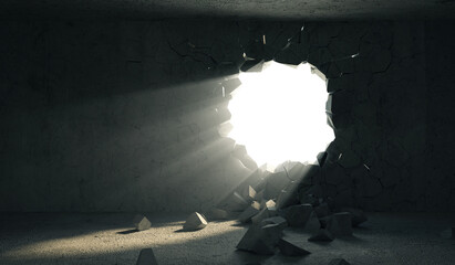 Dark Room with big hole in concrete wall with sunlight rays