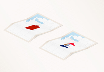 Two versions of a folded map of Iowa with the flag of the country of Iowa and with the red color highlighted.