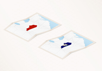 Two versions of a folded map of Kentucky with the flag of the country of Kentucky and with the red color highlighted.