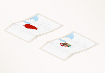 Two versions of a folded map of Illinois with the flag of the country of Illinois and with the red color highlighted.