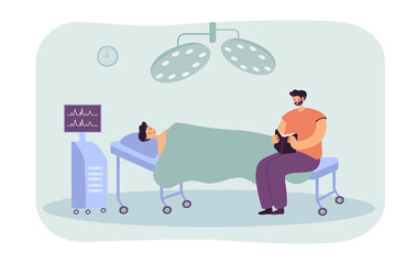 Father reading book to son in coma. Unconscious boy lying in hospital bed, man holding book flat vector illustration. Family, health, love, care concept for banner, website design or landing web page