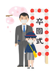 マスクを着けて卒園式に参加するスーツ姿のお父さんと制服を着た男児
