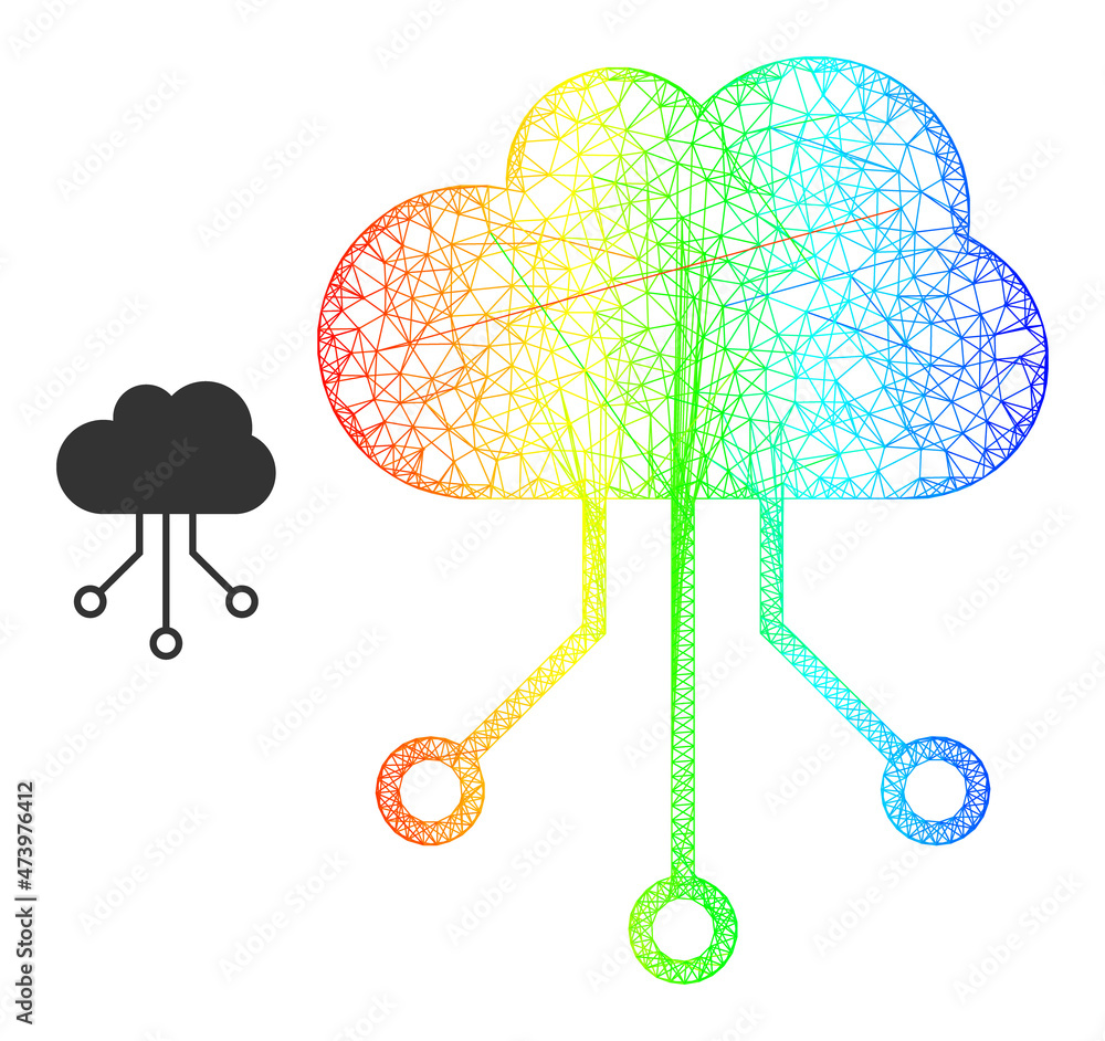 Poster crossing mesh cloud connections frame illustration with spectrum gradient. vibrant carcass network c
