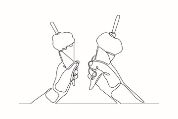 Obraz premium Continuous line drawing two hand hold and cheers delicious fresh of ice cream cone. Single one line art of two hand holding sweet ice cream gelato desert. Vector illustration