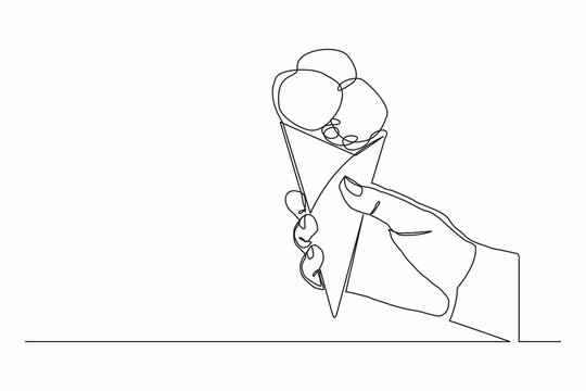 recommend clip art: Continuous line drawing hand holding delicious fresh of ice cream cone. Single one line art of hand holding sweet ice cream gelato desert. Vector illustration