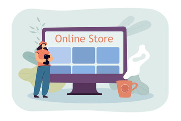 Female customer ordering from online store next to big monitor. Woman buying goods via internet flat vector illustration. Online shopping, technology concept for banner, website design or landing page