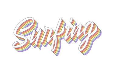 Surfing hand lettering 3d isometric effect with rainbow patterns