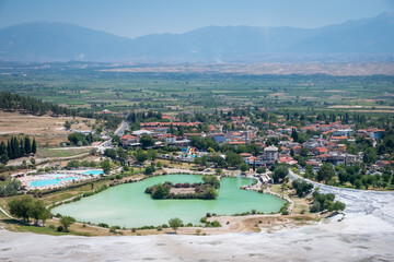 Panorama of Pamukkale, Turkey. View from travertine pools and terraces