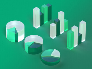 3D rendered charts with separated sections on a green background. Illustration for sustainable business, ecological development, or indicating data. Visualization of information.