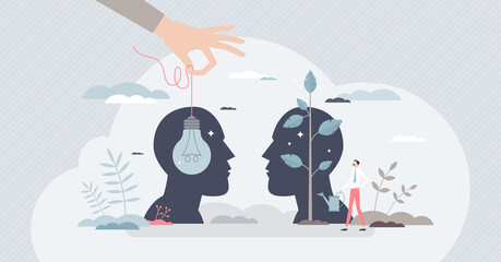 Mentorship or advice from mentor for personal development tiny person concept. Skills growth using guidance and coaching to implement idea in employee head vector illustration. Inspire and motivate. - obrazy, fototapety, plakaty