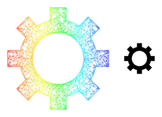 Crossing mesh cog carcass icon with spectral gradient. Colorful frame mesh cog icon. Flat frame created from cog pictogram and crossing lines.