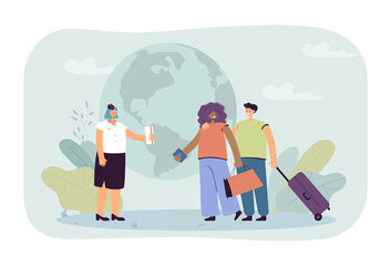 Airport worker giving plane tickets to happy married couple. Family with luggage in front of globe flat vector illustration. Traveling, tourism concept for banner, website design or landing web page