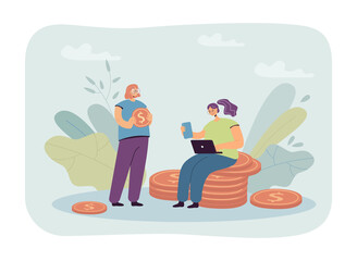 Female characters with gold coins earning money online. Girl with laptop and phone sitting on stack of coins flat vector illustration. Finances, technology, success concept for banner, website design