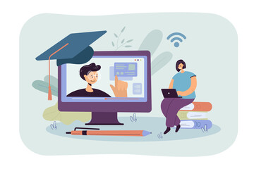 Big computer screen and female student watching online lecture. Girl with laptop and teacher on monitor flat vector illustration. Online education, technology concept for banner or landing web page