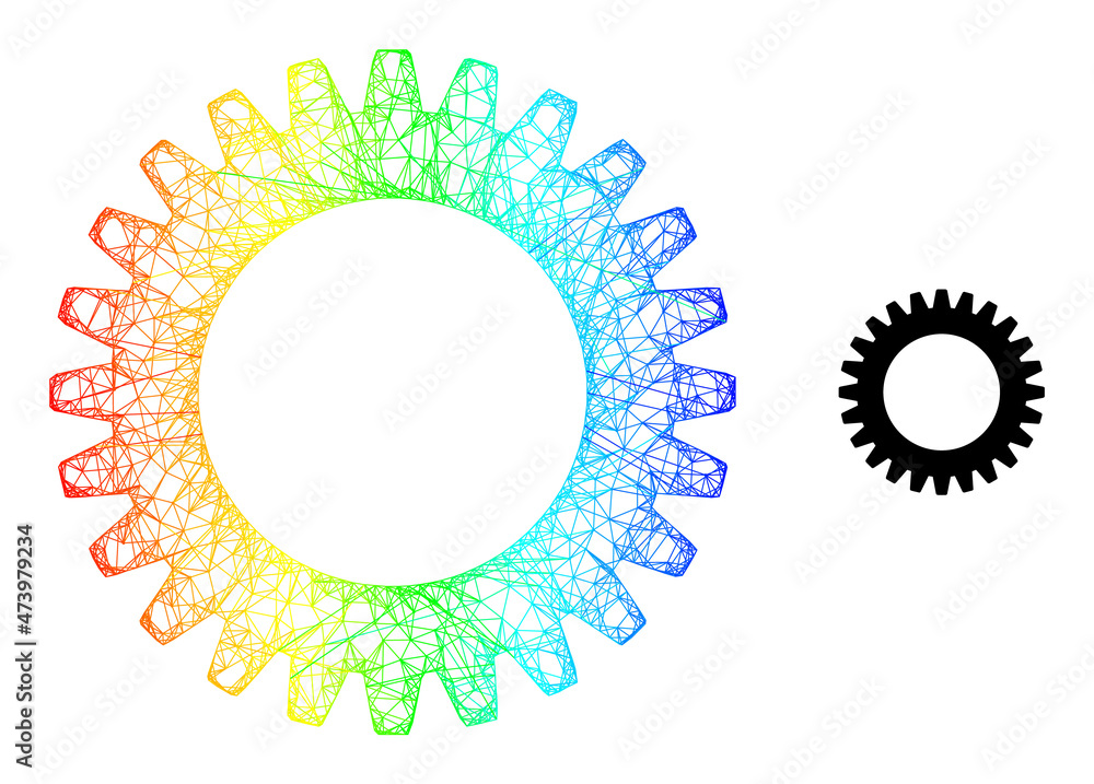 Poster net mesh cogwheel wireframe icon with spectrum gradient. colored frame mesh cogwheel icon. flat carc
