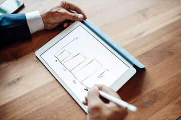 Male professional drawing graph on digital tablet at office