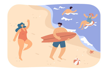 Obraz na płótnie Canvas Married couple going towards water on beach. Husband holding surfboard, people swimming in sea flat vector illustration. Vacation, traveling, summer concept for banner or landing web page