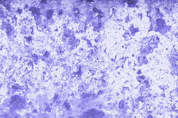 Old grungy cracked white and violet lilac weathered wall paint peeling off rusted metal sheet. Textured background for posters and bloggers . Very peri monochrome