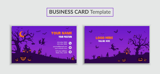 Halloween Business Card, Banner, or Party Invitation Background with Pumpkin, Witch Hat, Zombie, and Bat. Vector, Creative and Simple Business Card Design Template